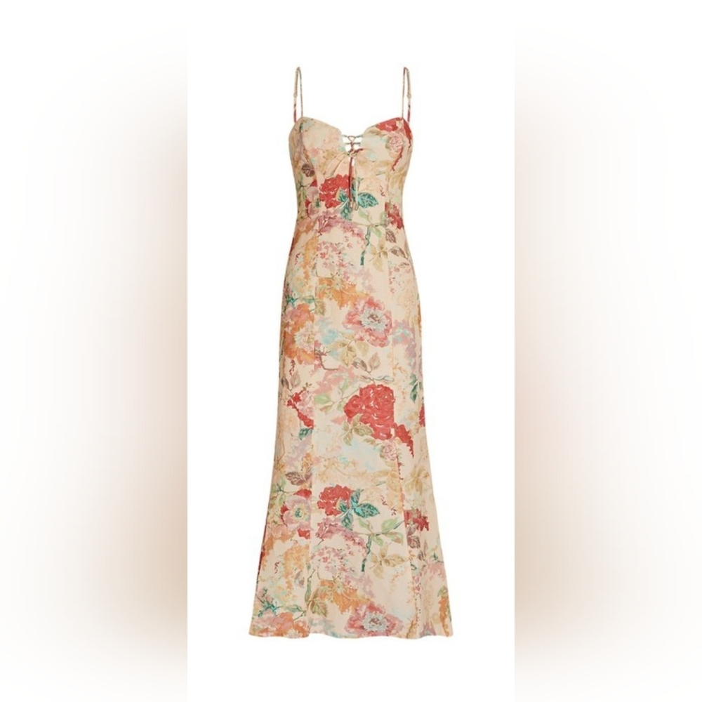 Significant Other Floral Midi Dress Size 10 Peach Coral Lace-Up Bodice - Picture 2 of 14